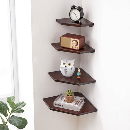 Corner Wall Shelves, Corner Floating Shelves Set of 2 Solid Oak Wood Display Shelf with Wire Hole Small Plant for Kitchen Living Room Natural