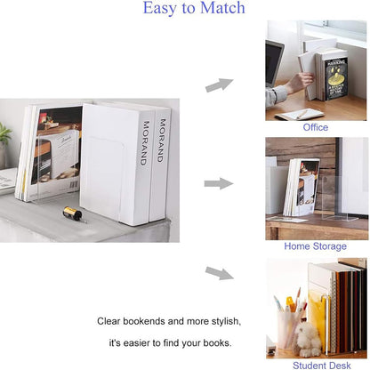 MerryNine Clear Book Ends 2pcs, Acrylic Bookends for Shelves, Non-Slip Bookend Decorative for Heavy Duty Book, Books Holder Stopper for Kids, Bookshelf Dividers Books Organizer for Office Home School