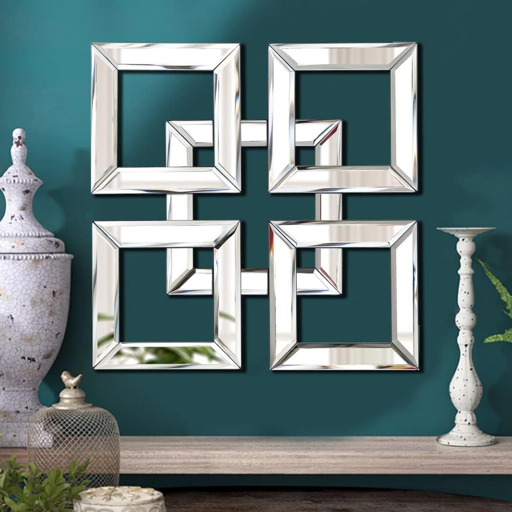 QMDECOR 2 Pack Silver Mirrored Square Wall-Mounted Mirrors Modern Glam Accent Decor for Home