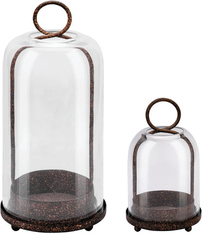 5" & 4" Wide Versatile Metal Candle Holder with Handmade Sturdy Glass Dome in Brass for Pillar Candle & Plants, 5.1" xH11.8 4" xH7.5, Industrial, Farmhouse, Shabby Chic. (2, Brass, Large & Small)