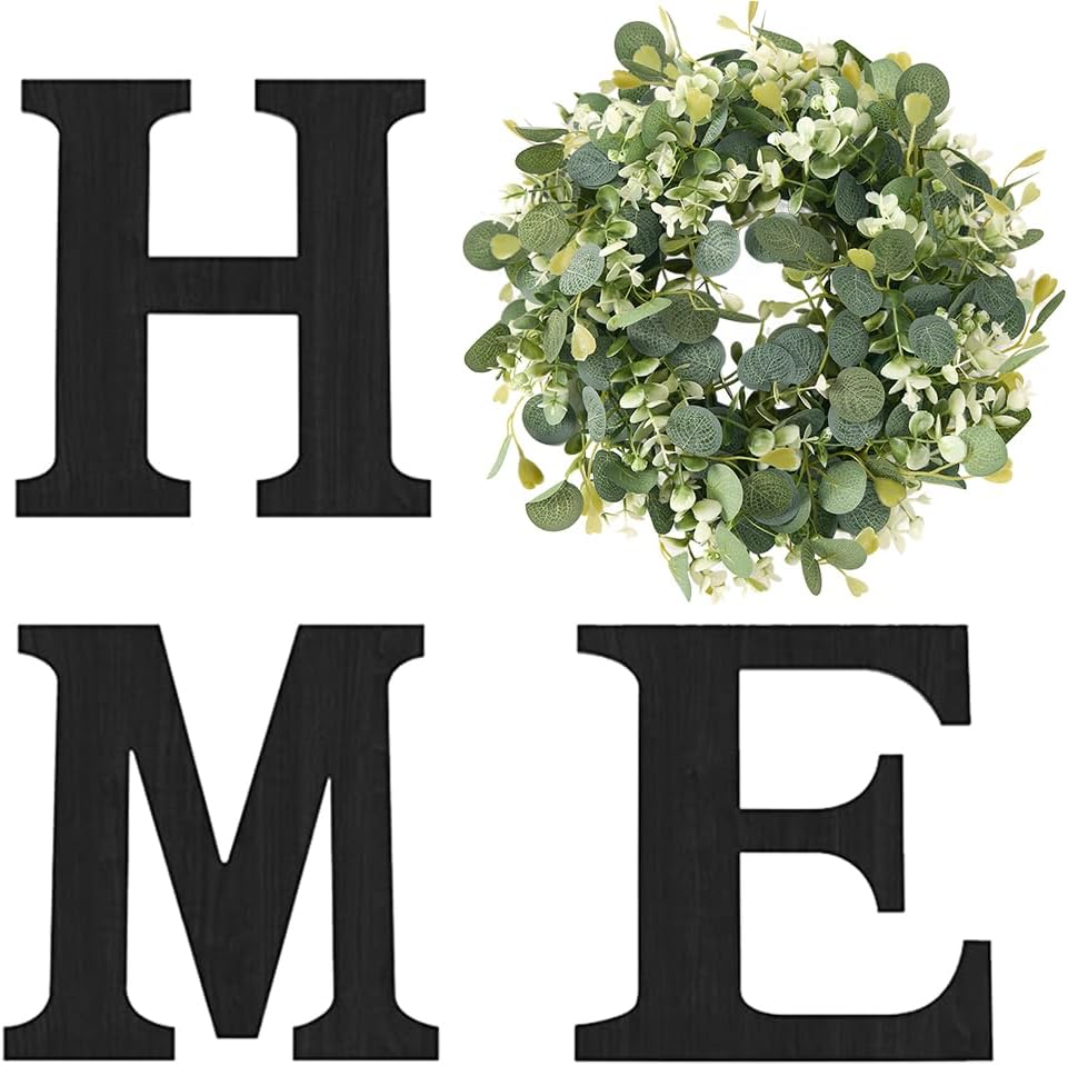 Pinkpum Wood Home Sign with Artificial Eucalyptus Wreath for O, Hanging Farmhouse Wall House Decor Wood Letters for Wall Art Rustic Home Decor, Wall Decor for Living Room Kitchen Entryway (Black)