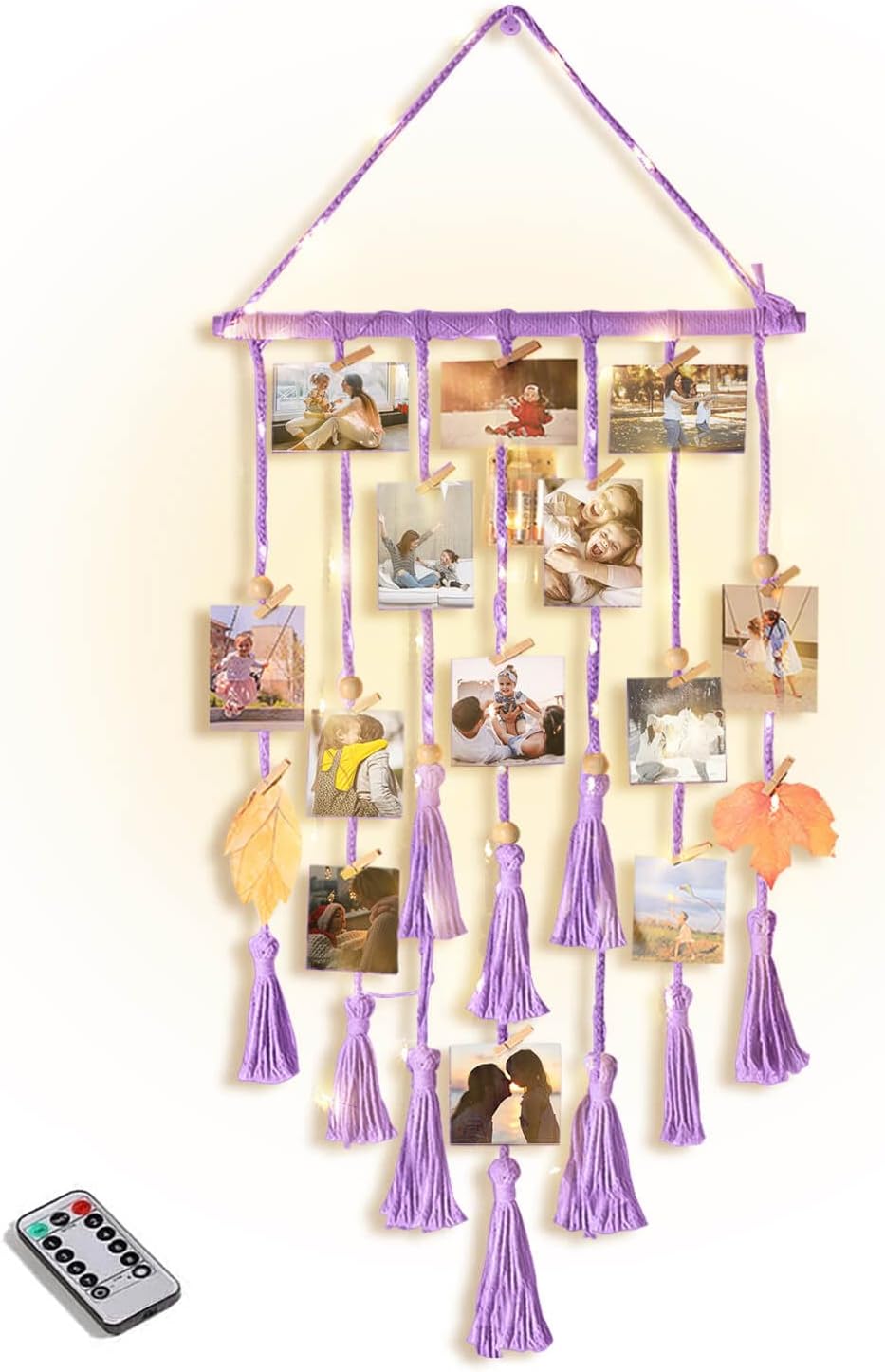 Homecor Hanging Photo Display Wall Decor, Macrame Wall Hanging Boho Room Bedroom Decor, Picture Frame Collage Board with Light 30 Clip, Christmas Teenage Teen Girl Gifts Ages 10 11 12 13 14 Years Old