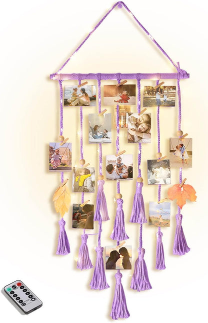 Homecor Hanging Photo Display Wall Decor, Macrame Wall Hanging Boho Room Bedroom Decor, Picture Frame Collage Board with Light 30 Clip, Christmas Teenage Teen Girl Gifts Ages 10 11 12 13 14 Years Old