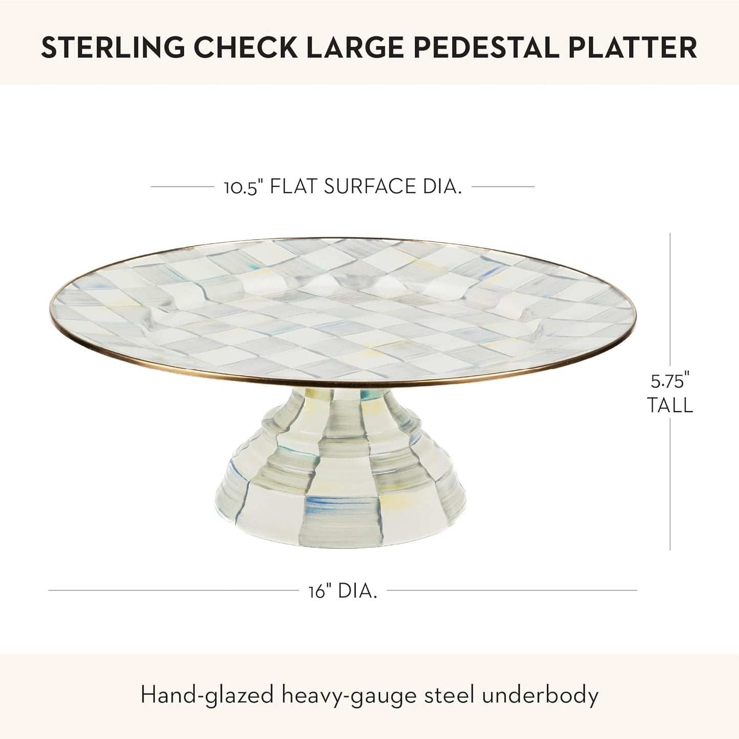 MACKENZIE-CHILDS Enamel Pedestal Serving Platter, Decorative Serving Dish for Food, Small, Black-and-White Courtly Check