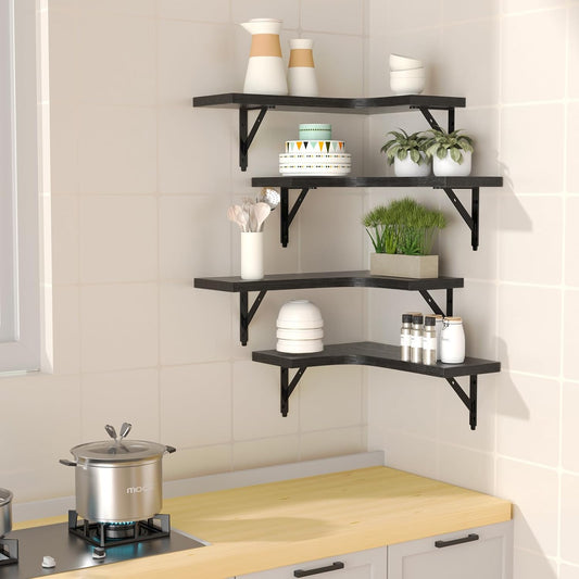 ROMGUAR CRAFT Corner Floating Shelves Wall Mounted Set of 4, Rustic Wood Storage Display Shelves for Home Decor, Bathroom, Kitchen, Bedroom, Living Room, Office (Black)