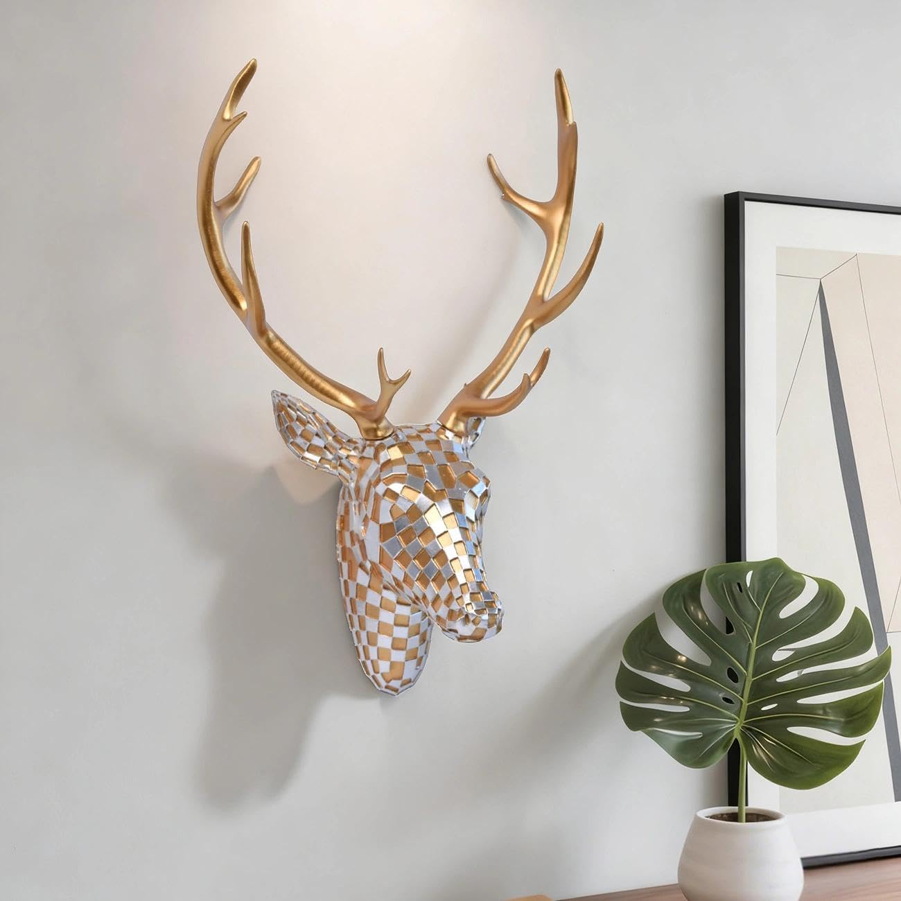 GIGICICI Mosaic Deer Head Wall Decor 15.7x8.7 Inch, Artistic Faux Resin Animal Head Wall Sculpture Hanging for Living Room Bedroom Kitchen Office, Black-White Gift
