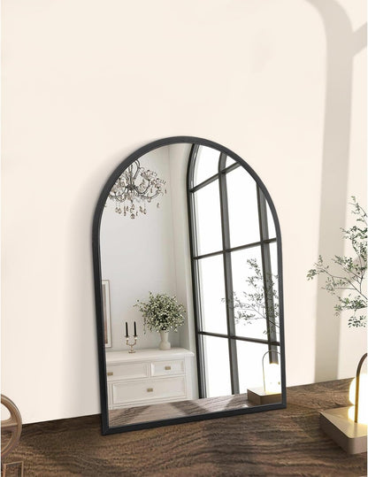 Black Arched Wall Mirror Aluminum Alloy Frame Bathroom Mirror Brushed Metal Vanity Wall Mounted Mirror for LivingRoom Bedroom Entryway Room Home Decor 16"x12"
