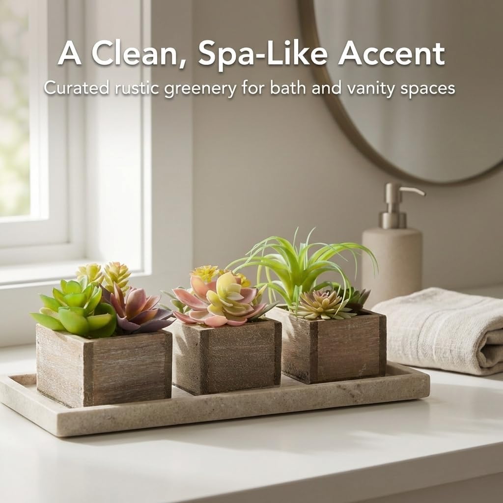 Succulent Plants Artificial, 3 Pack Small Fake Plants in Wood Pot for Home Decor, Farmhouse Artificial Plants Indoor for Living Room Bathroom Bedroom Office Kitchen Desk Wedding Coffee Table Decor
