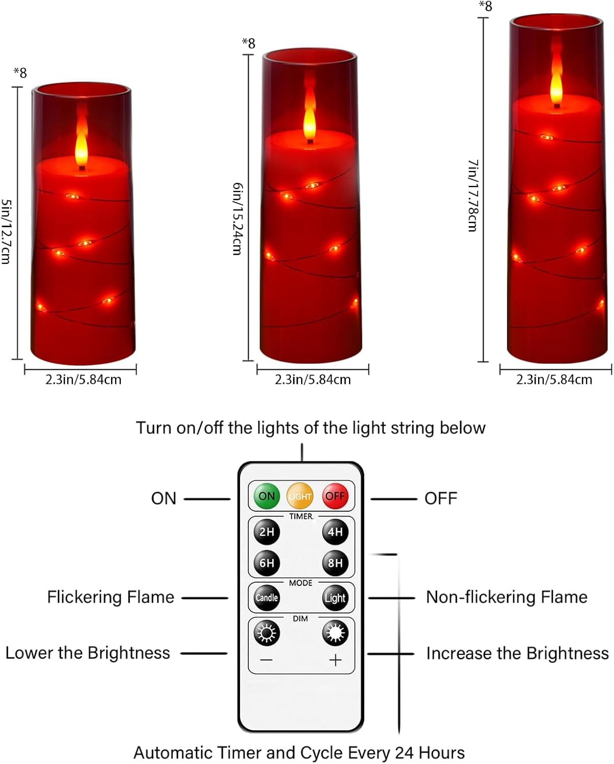 Nimiko Flickering Flameless LED Candles, 9 Pcs with Embedded Star String, Acrylic LED Pillar Candles with Remote, Suitable for Home Decoration (White)