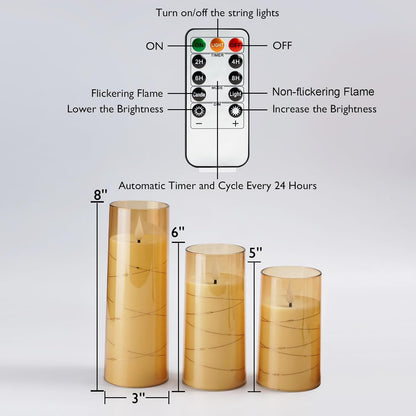 Homemory Flameless Candles with Embedded Star String Fairy Lights, Battery Operated Candles, LED Candle, Fake Candles with Remote Control and Timer for Halloween, Gray Acrylic, Set of 5(H4"5"6"8"8")