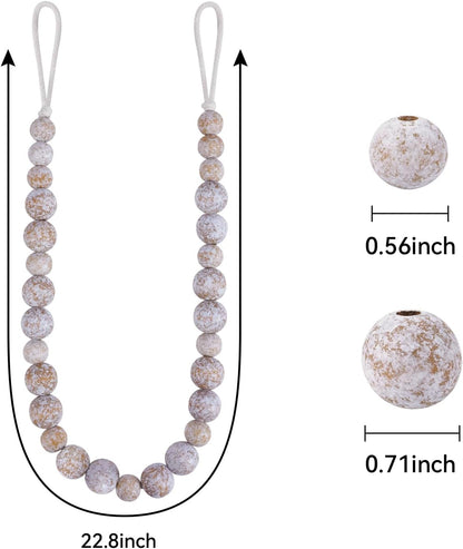 Wood Bead Curtain Tiebacks, KLOGTSIND Set of 2 Curtain Holdbacks for Thin or Thick Window Draperies, Boho Farmhouse Curtain Tiebacks with Hooks, Curtain Tie Backs for Home Office Room Decor