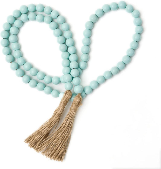 OMISHE 59in Wood Bead Garland with Tassels, Decorative Beads, Farmhouse Wooden Beads Garland for Wall Hanging Home Festival Decor, Aqua, Teal