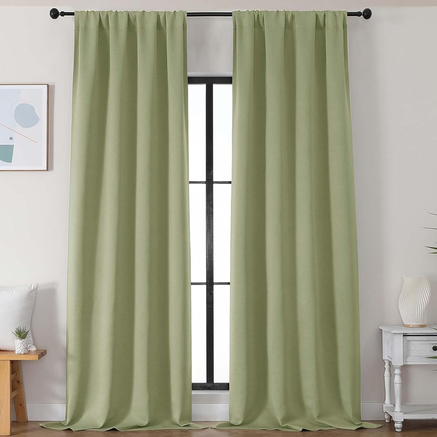 Simplebrand Ava Sage Green Blackout Curtains for Bedroom 63 Inch Length 2 Panels Set, Solid Thermal Insulated Energy Saving Rod Pocket Window Treatment Curtains Blackout Drapes, W40 x L63 Inch, Sage - Colors A