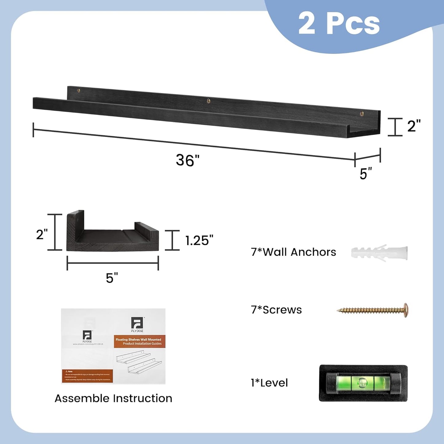 FLYJOE Picture Ledge Shelf, Floating Shelves Set of 2, Solid Pine Wood 55'' Long Large Nursery Book Shelves for Toys Storage, Kids Bookshelf for Living Room Bedroom Decor Books Photo Frames, Walnut