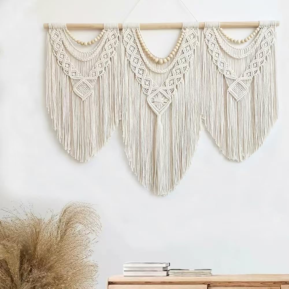 oiikain Large Handmade Boho Macrame Wall Hanging Tapestry - Chic Bohemian Woven Home Decor art for Living Room, Bedroom, and Wedding Parties (Beige, twelve rhombus)