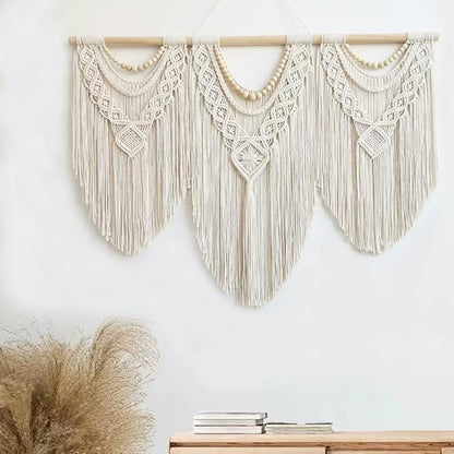 oiikain Large Handmade Boho Macrame Wall Hanging Tapestry - Chic Bohemian Woven Home Decor art for Living Room, Bedroom, and Wedding Parties (Beige, twelve rhombus)