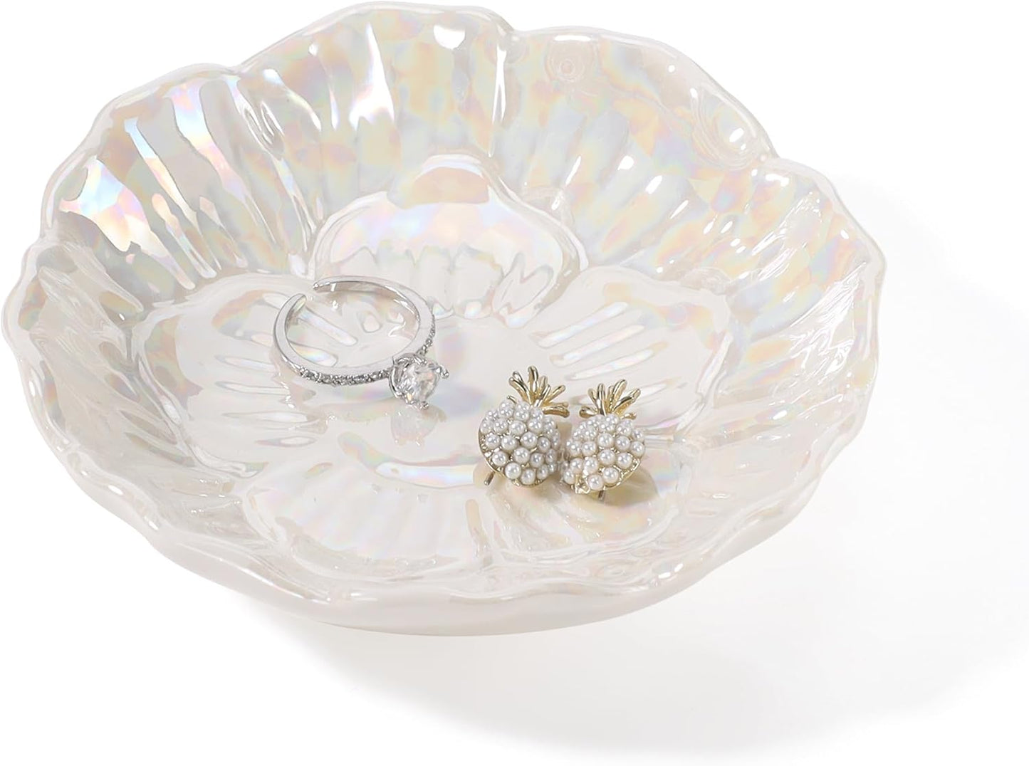Pink Flower Ring Dish Holder,Jewelry Dish Tray,Small Trinket Tray,Jewelry Plate Bowl,Key Bowl,Decorative Plate,Mothers Day Birthday Gifts for Women Friends,Ceramic Kiln effect White
