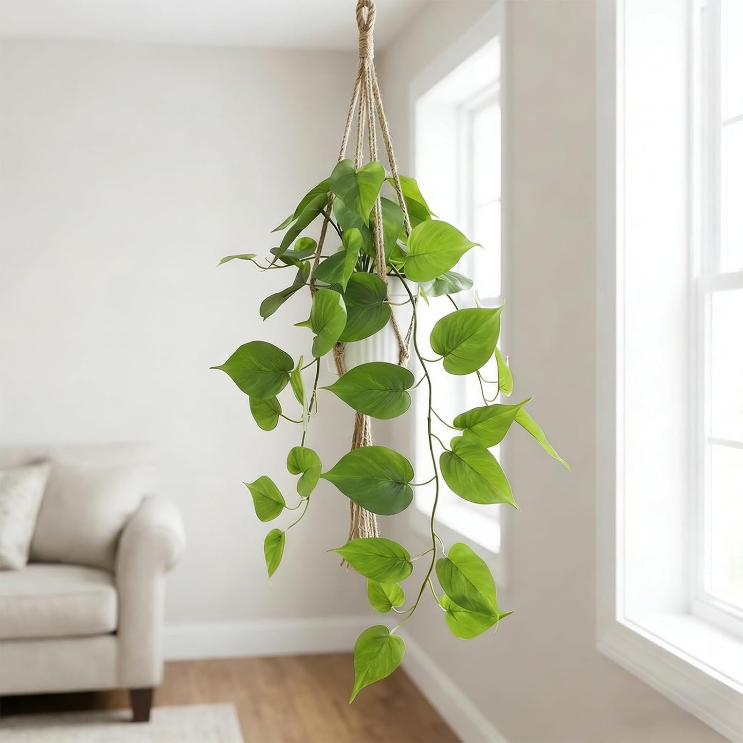 Artificial Pothos Hanging Plants 2 Pack with Pots, Realistic Fake Hanging Plants Indoor, Faux Greenery Vines for Shelf, Bathroom, Living Room, Office Decor