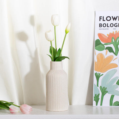Bohemian White Ceramic Vase - for Pampas Grass, Mantel, Bookshelf, Entryway and Living Room Decor (White, 7in)