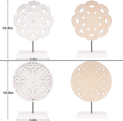 AXEARTE 2 Pack Wooden Carved Cutout Flower Medallion Sculpture, Rustic Distressed White MDF Statues Home Tabletop Decor, Decorative Ornaments for Living Room, Bedroom, Office Desktop, Cabinets