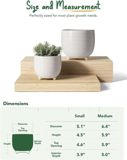 LE TAUCI Ceramic Plant Pots, 5.1 + 6.4 Inch Footed Pots for Plants, Modern Flower Pots for Home and Office, Indoor Planters with Drainage, Reactive Glaze White