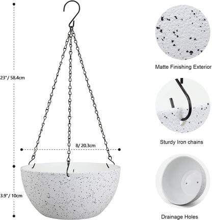 Meowell 10 inch Hanging Planters for Indoor Outdoor Plants, 2 Pack Hanging Flower Pots with Drainage Holes and Chain for Garden Porch, Plastic Hanging Baskets for House Plants, Speckled Grey