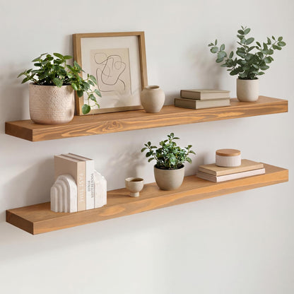 Homeforia 24 inch Natural Floating Shelf, High End Solid Real Wood 24inch Small Floating Shelves for Wall Mounted, Natural Wooden Floating Shelves, Heavy Duty Bracket, 24 X 6.5 X 1.75 in, Set of 2