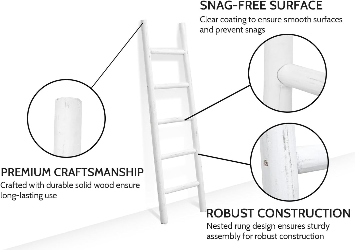 FUIN 57in Wood Blanket Ladder Living Room Decorative Wall Leaning Farmhouse Quilt Display Holder Rustic Wooden Towel Rack for Bathroom, Brown