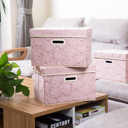 PRANDOM Larger Collapsible Storage Bin with Lid [1-Pack] Fabric Decorative Storage Box Cube Organizer Container Baskes with Handles Divider for Bedroom Closet Living Room Pink 17.7x11.8x11.8 Inch