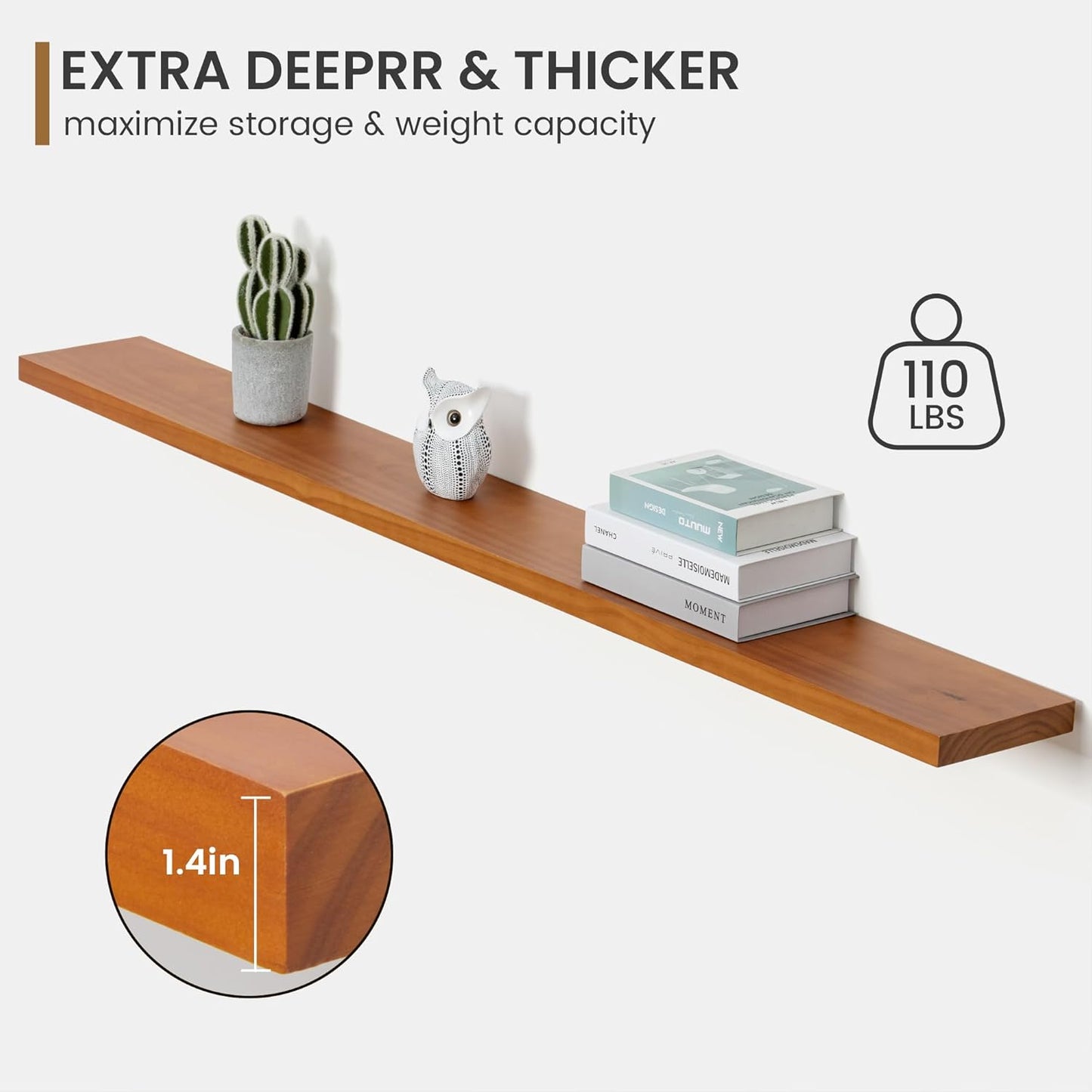 Floating Shelves 36 Inches Long - 8 Inch Deep Rustic Premium Solid Pine Wood for Storage - Farmhouse Wall Mounted for Living Room - Heavy-Duty Metal Bracket - 36" W x 8" D - Set of 2 - White Color