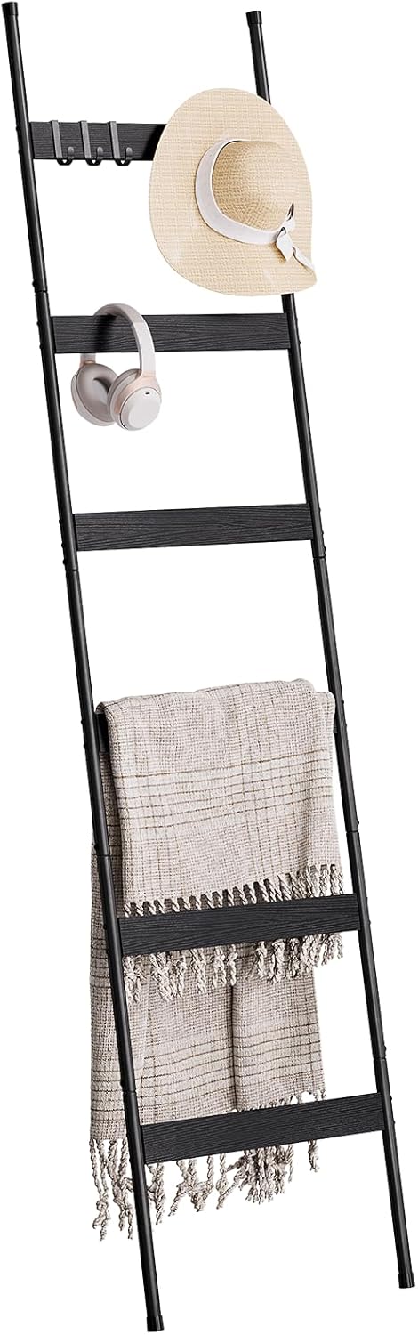ELYKEN Blanket Ladder for Living Room, Farmhouse 5-Tier Quilt Holder with 4 Removable Hooks for Bathroom, Wood Towel Rack Display, Wall Anchor Leaning Decorative Stand for Home, Rustic Brown