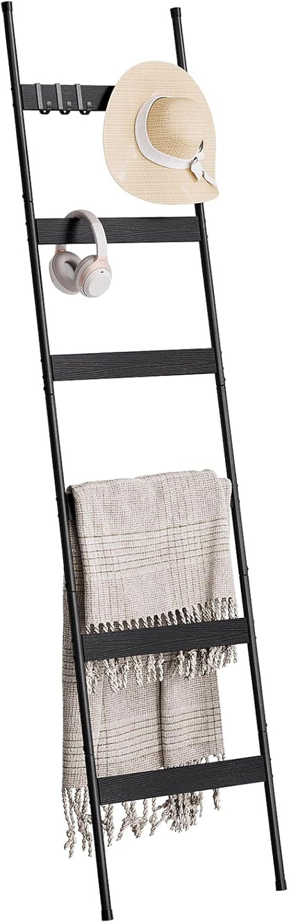 ELYKEN Blanket Ladder for Living Room, Farmhouse 5-Tier Quilt Holder with 4 Removable Hooks for Bathroom, Wood Towel Rack Display, Wall Anchor Leaning Decorative Stand for Home, Rustic Brown