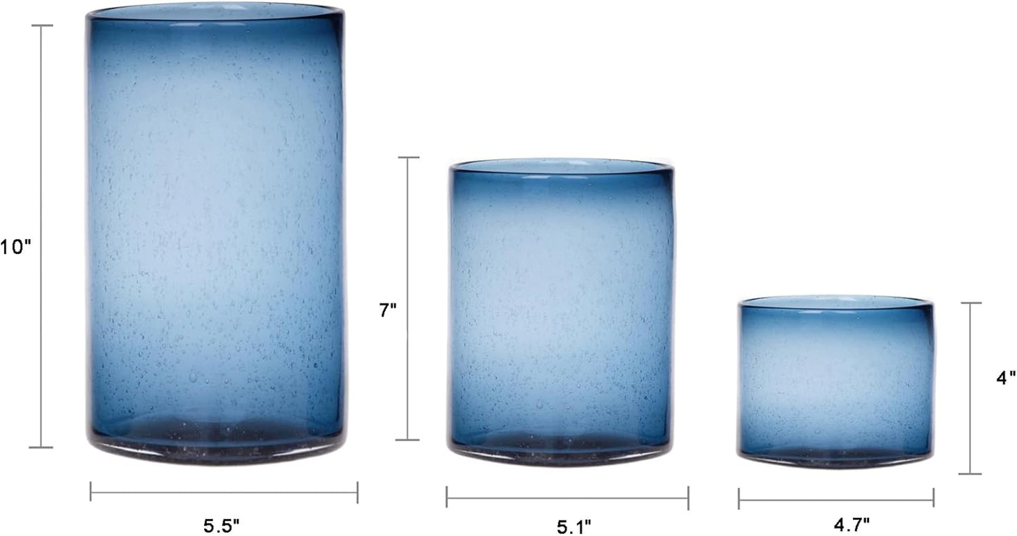 Hurricane Candle Holders for Pillar Hand Blown Glass Cylinder Vases Table Centerpiece Bulk Room Decor Clear Seeded Bubbles Living Dining Kitchen Island 10" 7" 4" Set of 3