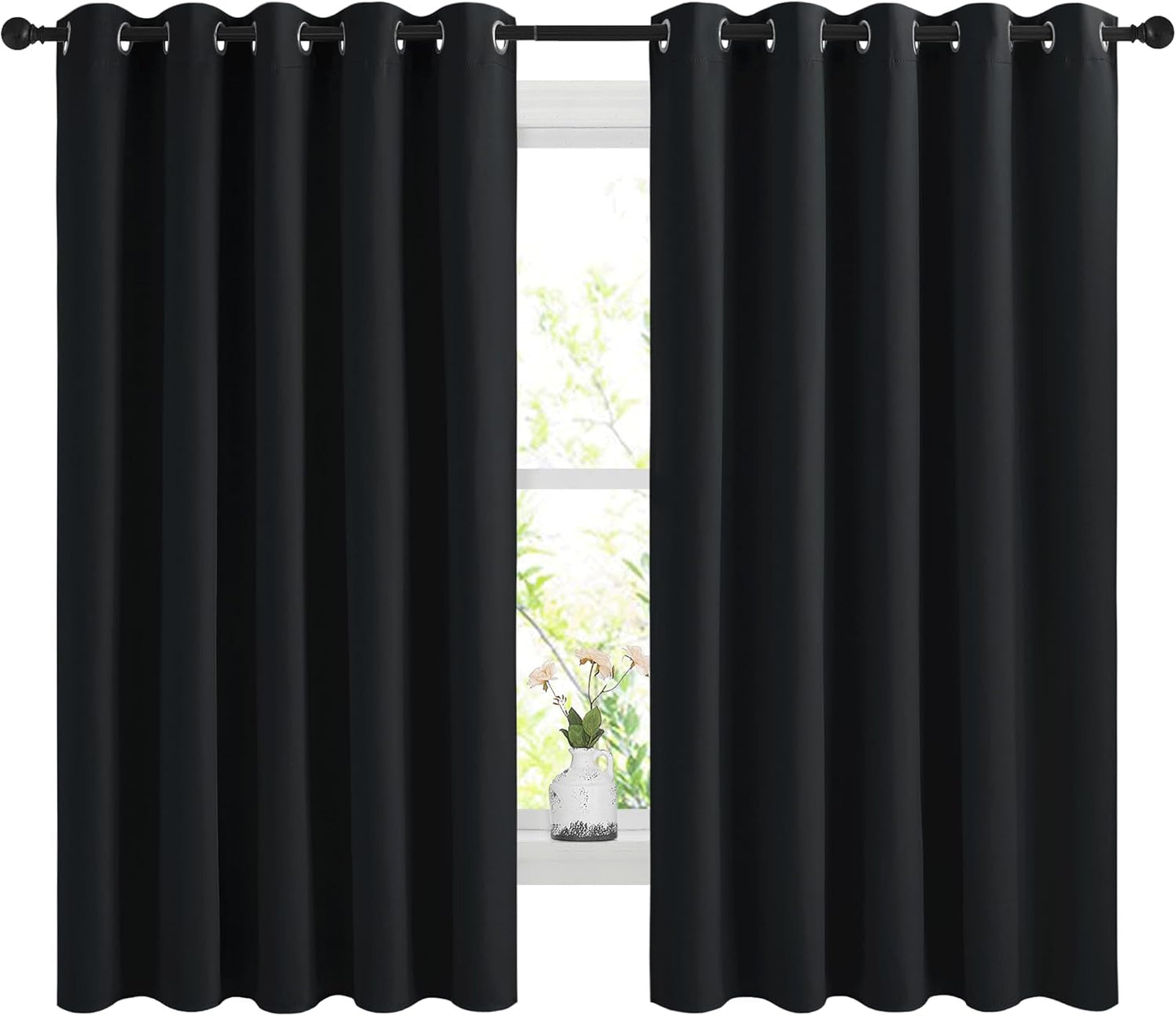 NICETOWN Halloween Pitch Black Solid Thermal Insulated Grommet Blackout Curtains/Drapes for Bedroom Window (2 Panels, 42 inches Wide by 63 inches Long, Black) - Colors E