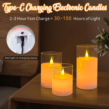 Rechargeable Flameless Glass Pillar Candles–Gifts for Women,–Set of 3, Realistic Flickering LED Light,Remote & Timer, Ideal for Living Room, Bedroom & Festival Wedding Home Party Decor
