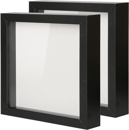 Muzilife 8x8 Shadow Box Picture Frame with Linen Board - Deep Wood & Glass Display Case Ready to Hang Memory Box Baby Sports Memorabilia, Pins, Awards, Medals, Wedding, Tickets and Photos (Black)