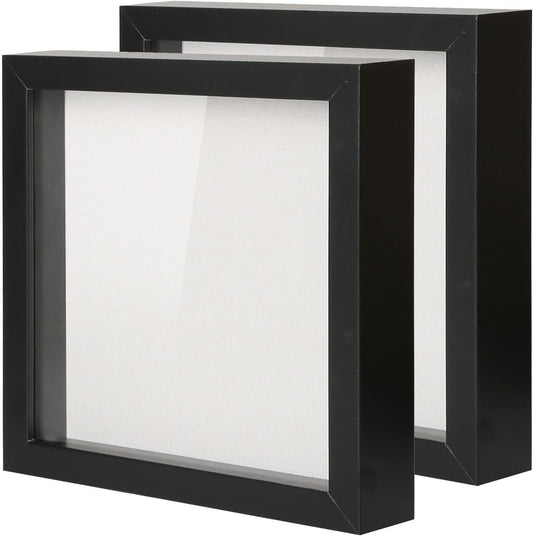 Muzilife 8x8 Shadow Box Picture Frame with Linen Board - Deep Wood & Glass Display Case Ready to Hang Memory Box Baby Sports Memorabilia, Pins, Awards, Medals, Wedding, Tickets and Photos (Black)