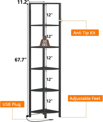 Furnulem 6 Tier Corner Shelf with LED Light, 67.5” Tall Standing Shelf Organizer, Black Narrow Bookshelf with Storage Rack for Wall Corner, Living Room, Bedroom, Metal Frame, Wood Display Shelf