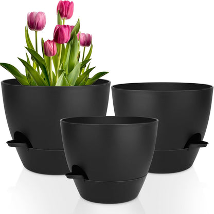 QRRICA Plant Pots 10/9/8/7.5/7 Inch Self Watering Pots, Set of 5 Plastic Planters with Drainage Holes and Saucers,Plastic Flower Pots,Nursery Planting Pot for Indoor Out Door Plants（Green）
