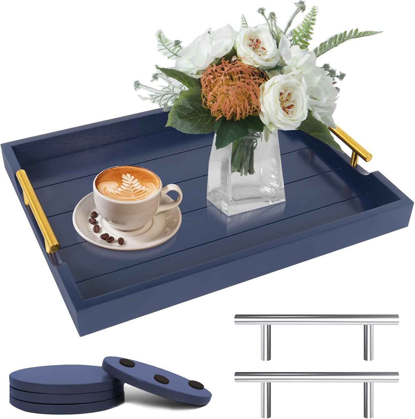 SXNOWS Coffee Table Trays - Large Ottoman Tray for Living Room -Wood Serving Tray with 2 Sets of Handles - Wooden Tray for Coffee Table, 4 Round Coasters Included, Black