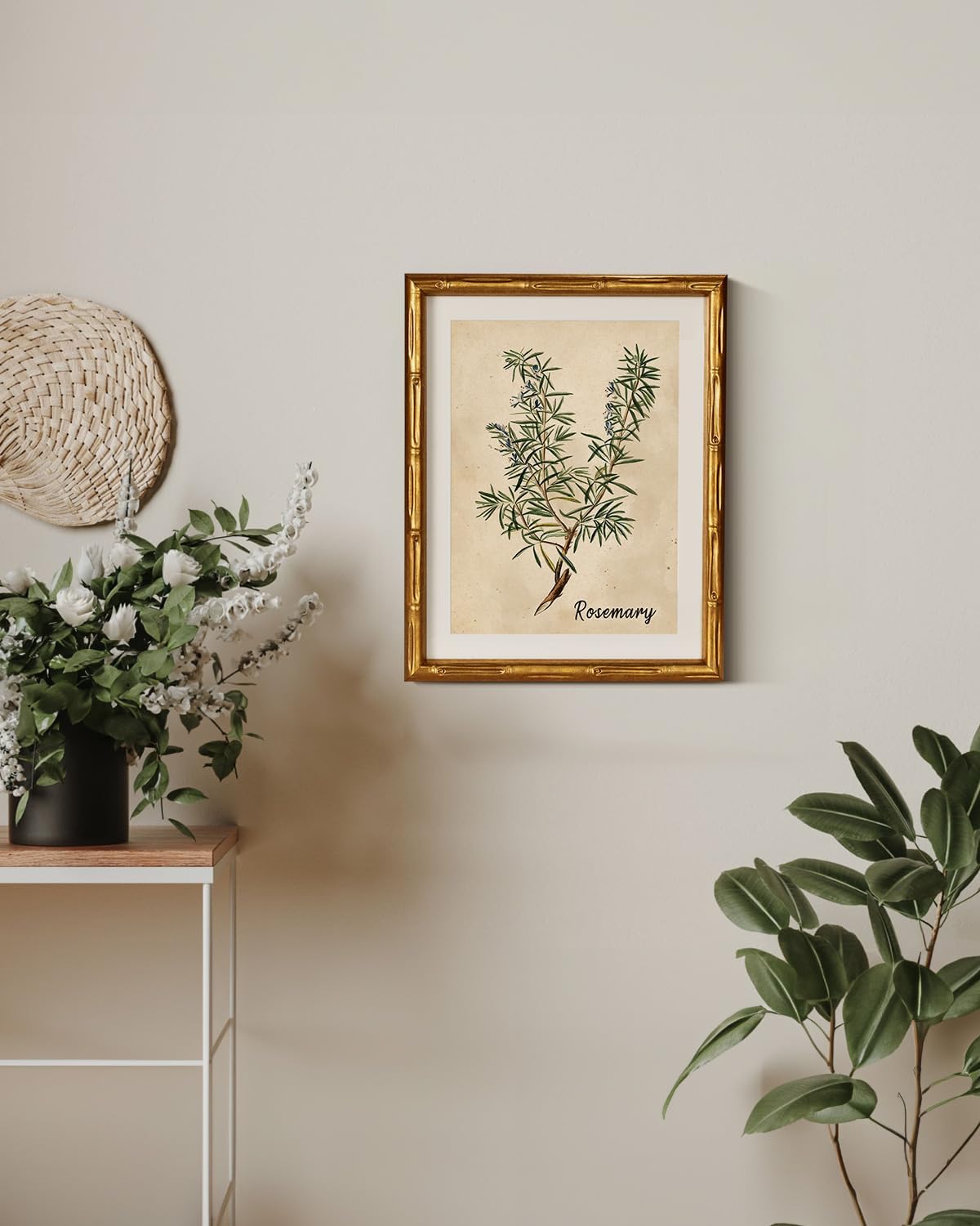 InSimSea Gold Bamboo Framed Canvas Wall Art, Retro Blue Hydrangea Botanical Prints, Antique Flowers Picture Frame with Mat, Victorian Home Wall Decor for Kitchen Living Room Bedroom, 11x14inch