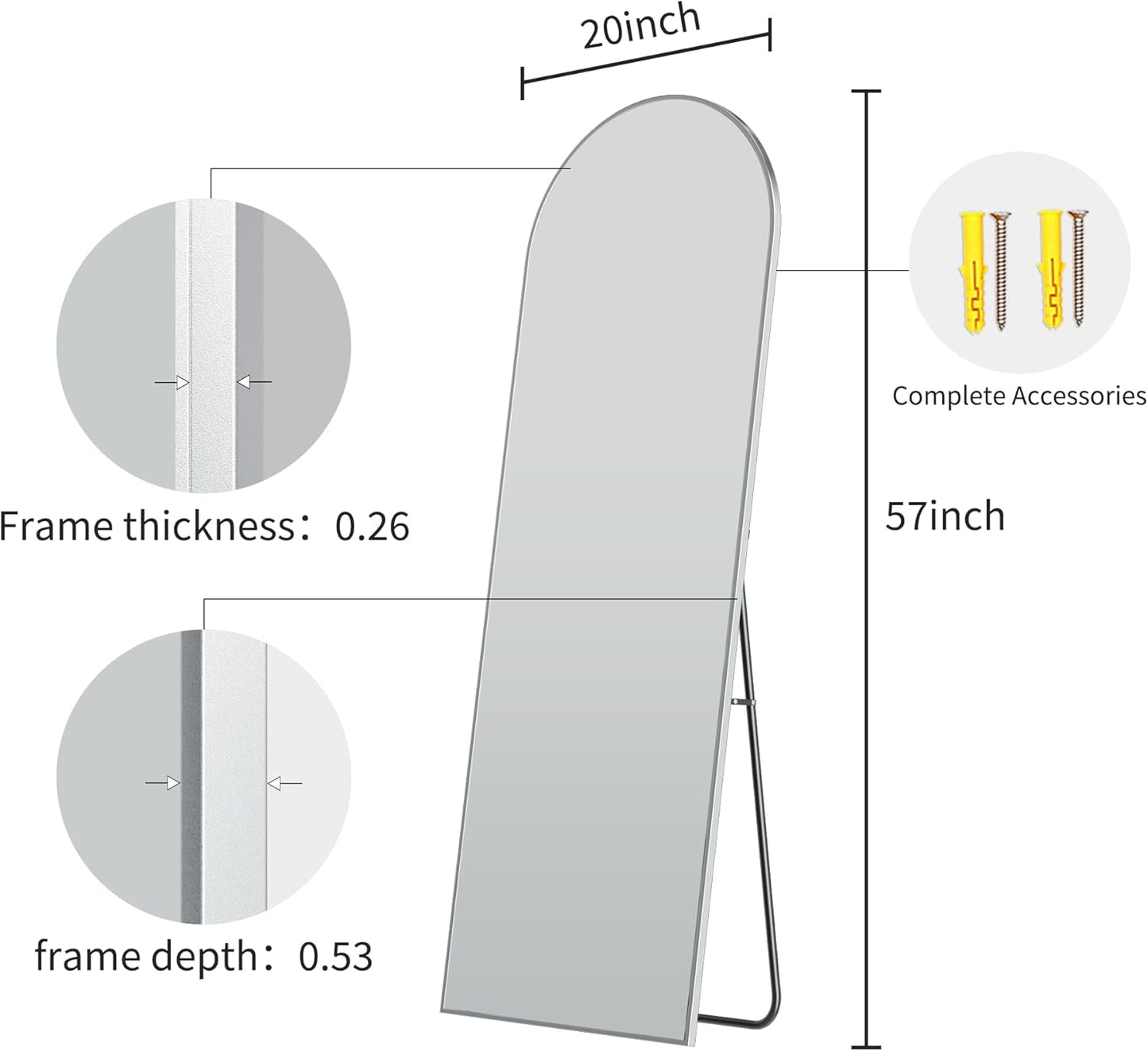 57" x 20" Arched Full Length Mirror - Wall Mounted/Floor Mirror Aluminum Alloy Frame Full Body Mirrors for Bathroom Living Room Bedroom and Entryway,Black