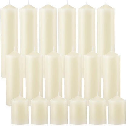 MTLEE 18 Pcs Set of 3 Pillar Candles Bulk 2 in x 3, 6, 8 Long Burning Clean Unscented Smokeless Pillar Candles for Wedding Emergency Lanterns Ceremony Party (Ivory White)