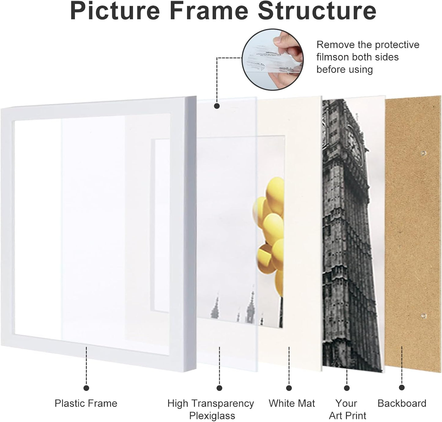 12x12 Picture Frame Set of 9, Display Pictures 8x8 with Mat or 12x12 without Mat, Multi Collage Gallery Square Photo Frames for Wall or Tabletop, Black