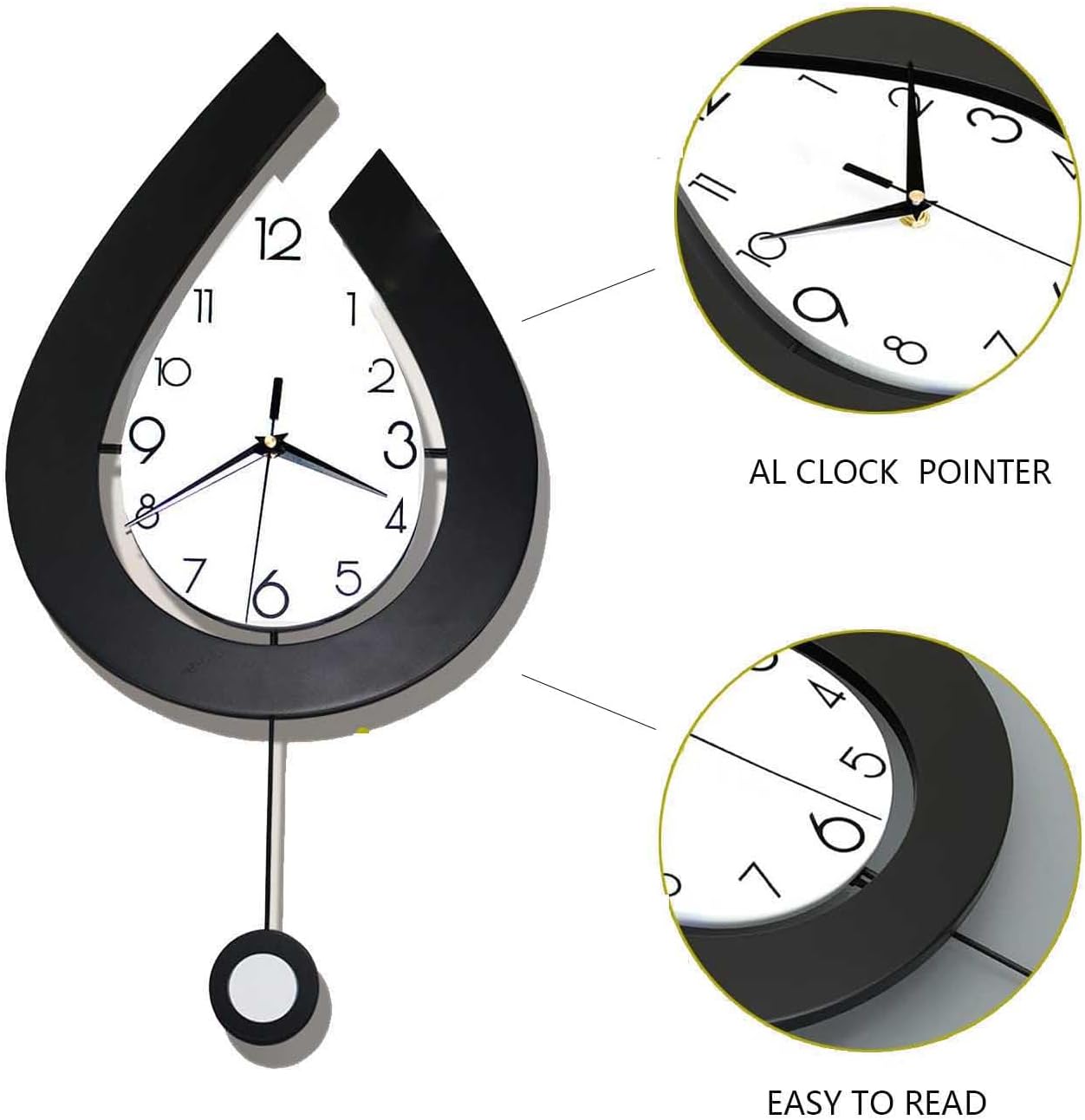 Decorative Wall Clock for Living Room Decor Large Modern Wall Clocks with Pendulum Battery Operated for Bedroom Office Kitchen Home Small Black Silent Wall Clock Non Ticking 11.8*22.4 Inch