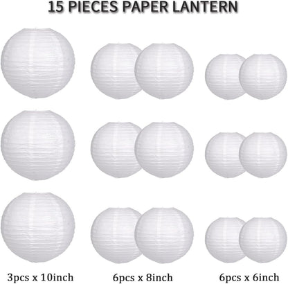 Paper Lanterns Decorative, Round Hanging Paper Lanterns Decorations for Rustic Party Bridal Shower Wedding Sage Green Birthday Party Supplies Gold/Ivory/Sage Green 15pcs