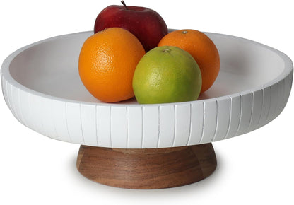 Mango Wood fruit bowl, Decorative black bowl with natural finish pedestal | 12" dia | Dual tone look | Use as Centerpiece for kitchen counter or dining table (Black)