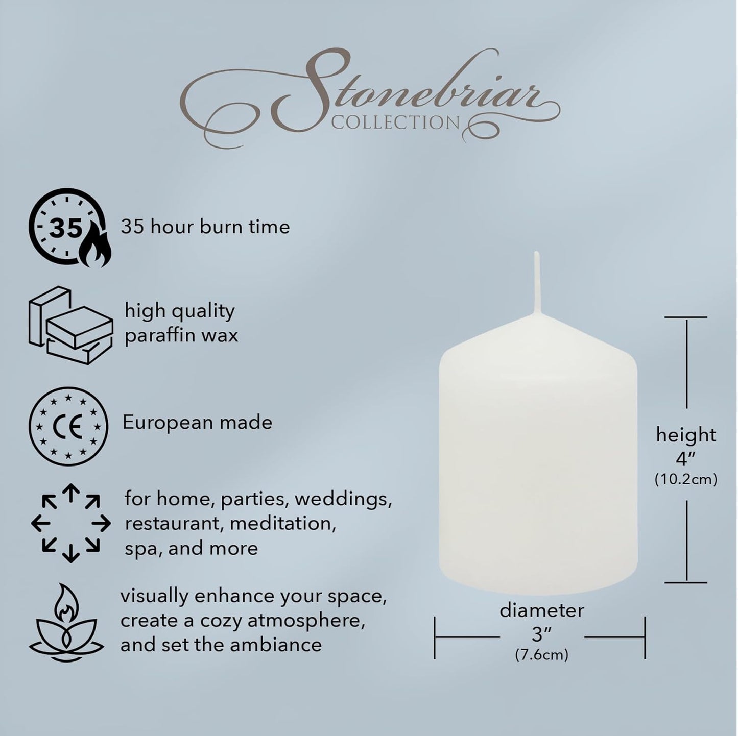 Stonebriar Unscented White Tall Pillar Candles, 65 Hour Burning Candle Pillars, Perfect for Decor, Weddings, Emergencies 3" X 6", 6 count