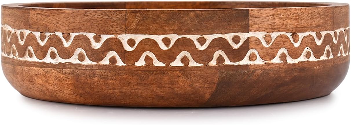 Samhita Mango Wood Round White Decorative Bowls for Rustic Home Decor Table Centerpieces Home Party Wedding Décor (10" x 10" x 2.5")