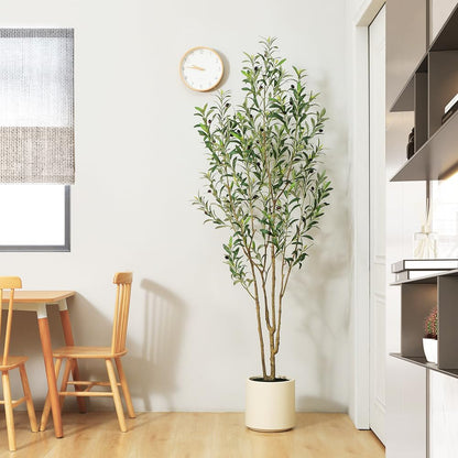 LOMANTO Artificial Olive Trees, 5 ft Tall Fake Olive Trees for Indoor, Faux Olive Silk Tree, Large Olive Plants with White Planter for Home Decor and Housewarming Gift, 1 Pack